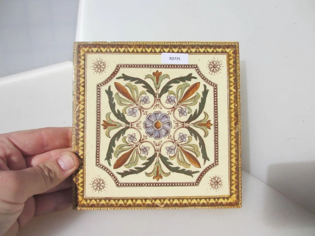 Antique Ceramic Tile Floral Art Nouveau Flowers Old Leaf Victorian Vintage