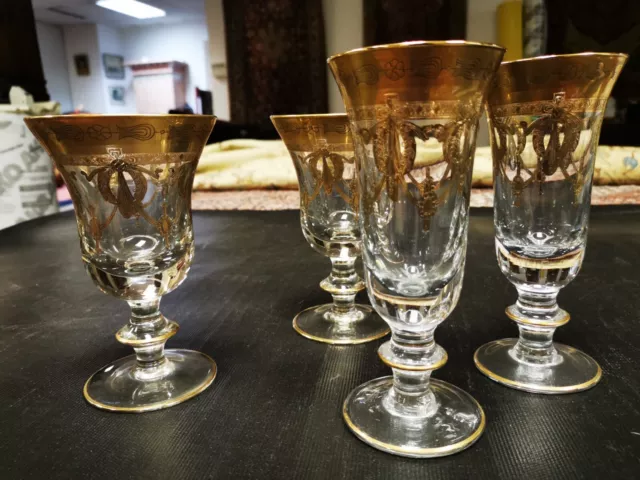 4 Gläser, Antik, Mit GoldMuster und Goldrand, 24, Murano Wasser und Weingläser