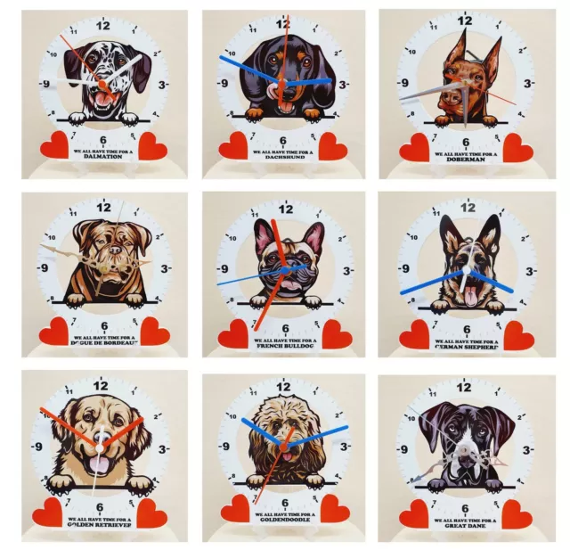 Quartz Wall Clock, Dog Breeds, Cartoon Style Peeking Dogs, 50+ Breeds, 2 Sizes