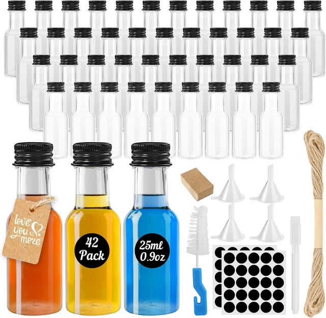 Produktbild von 100 Mini-Saftflaschen Aus Kunststoff (100 Ml) Mit Deckel, Etiketten, Trichter & Bürste – Wiederverwendbar, Für Shots & Co.