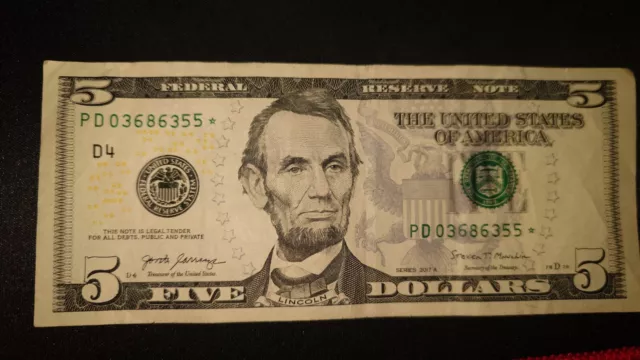 $5 Five Dollar Bill Star Note Series 2017 A