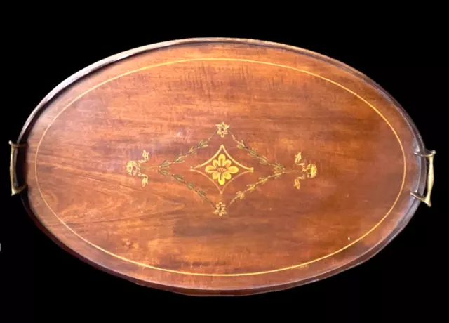 Antique English Mahogany Brass Handled Ornate Inlay Serving Tray
