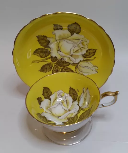 Vintage Paragon Tea Cup & Saucer Yellow w/ White Cabbage Rose Double Warrant HTF