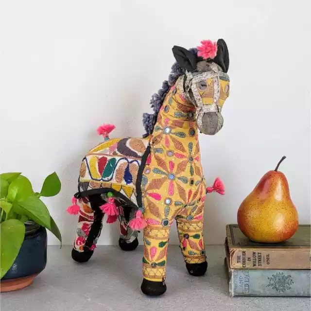 Vintage Rajasthani fabric horse with bright embroidery and shisha mirrors