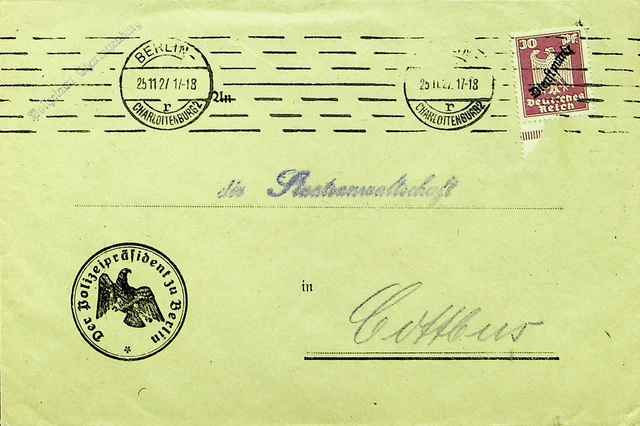 Sephil Deutschland 1927 30pf W / Dienstmarke Ovpt auf Brief Berlin Sich Cottbus