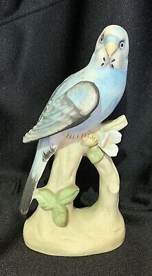 Vintage Blue Parakeet Budgie Porcelain Figurine Japan Clover Wreath Mark RARE