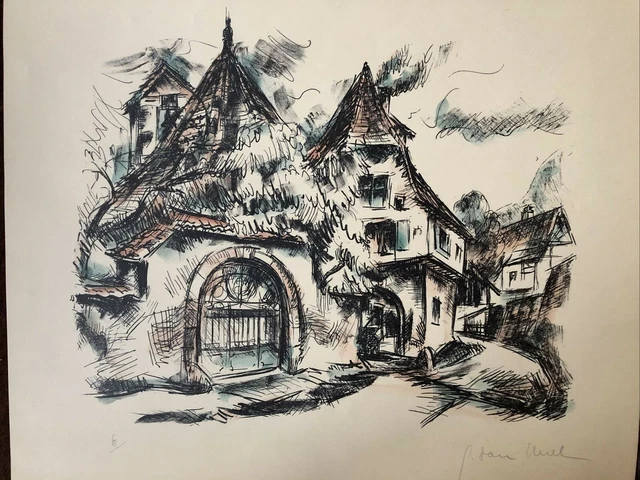 Georges Daniel KREBS View of Kaysersberg Alsace Woodcut Signed circa 1940