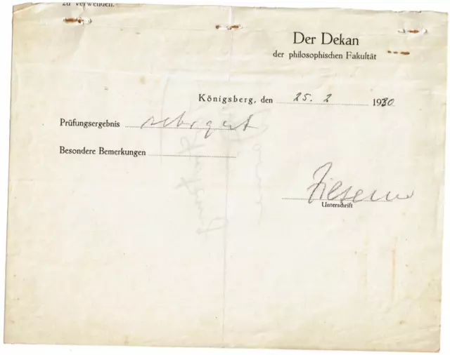 Autograph Walther Ziesemer (1882-1951) Prüfungsschein Königsberg Preußen 1930