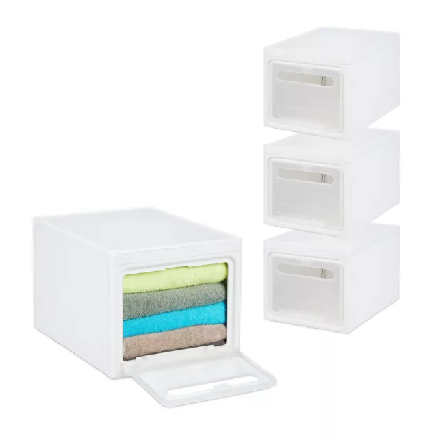 Cajas almacenaje apilables en blanco Cajones de plástico con puerta Cestas set 4