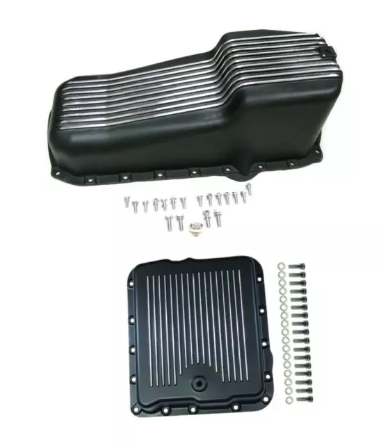 Small Block Chevy Finned Black Aluminum Stock Oil Pan + 700R4 Transmission Pan