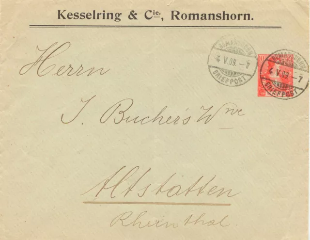 SCHWEIZ "ROMANSHORN - BRIEFPOST" K2 Helvetia 10 C (Grundmarke Zumstein 104) 1909