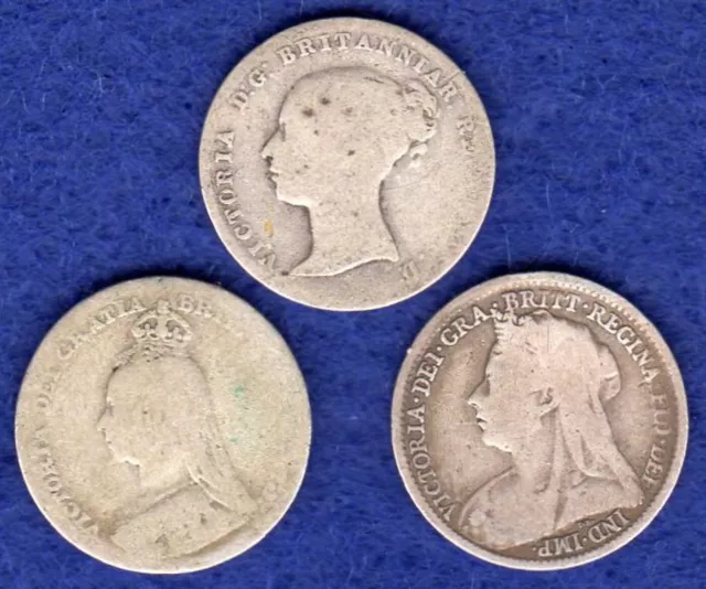 GB 3x Victoria Silver Threepence, 3d, Young, Jubilee & Old Head  (Ref. t6025)