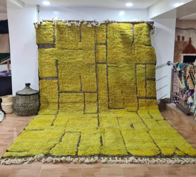 Moroccan Beni ourain  Wool  Handmade Yellow Rug Berber Boho Carpet 6.7x9.8 FT