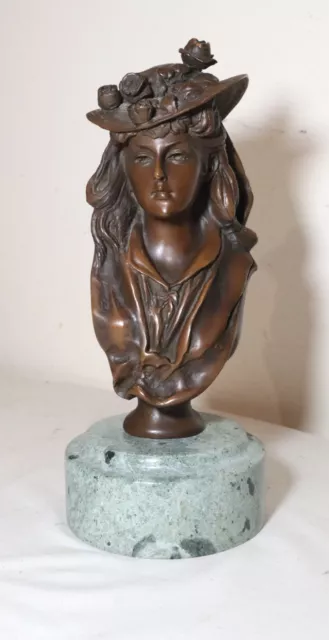vintage solid bronze marble figural lady floral hat statue sculpture figure bust