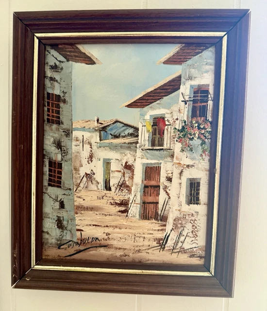 古い絵画”Villa de Province”　模写Oguissサイン 油彩画 Vintage Signed Oil Painting Spanish Village Villa Scene | eBay