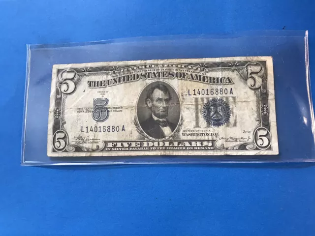 1934 A Blue Seal $5 Five Dollar Silver Certificate .....Loc. #36