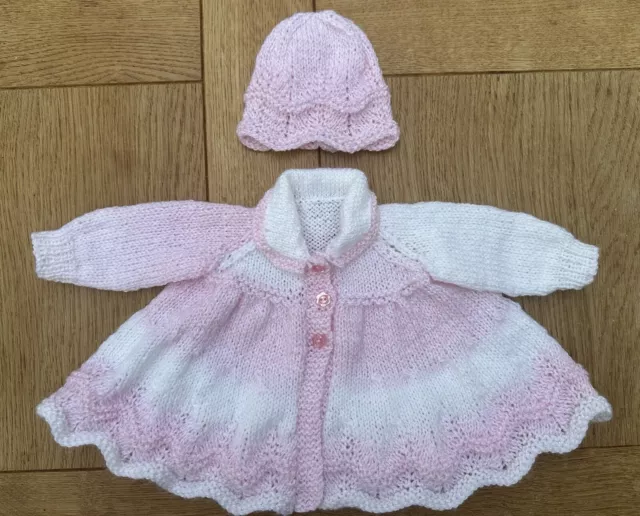 Hand Knitted Baby Girl’s Matinee Coat and Hat (newborn)