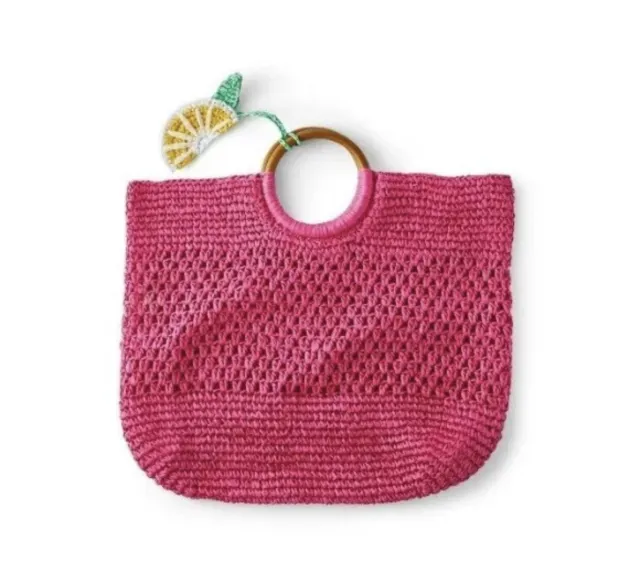 Tabitha Brown x Target Lemon Tassel Woven Straw Tote Beach Bag Pink NEW