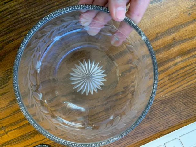 Antique Crystal Cut Glass Small Dish With Sterling Silver Rim And Free Shipping