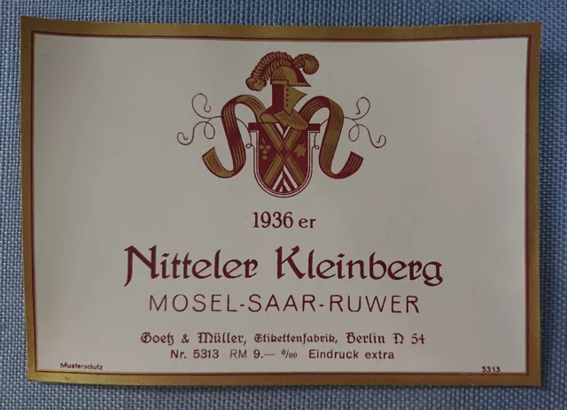 Ancien Étiquette de Vin Musteretikett 1936er Nitteler Kleinberg Moselle