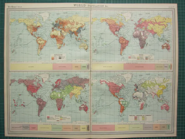 1921 Large Map ~ World Population ~ Races Languages Of Commerece Religions