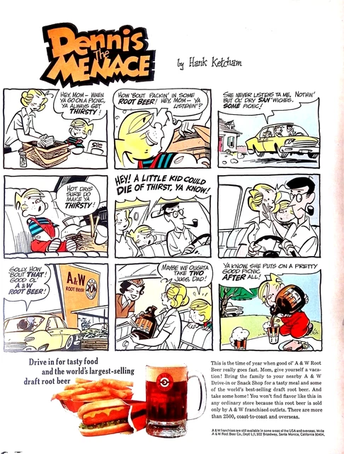 A&W Root Beer Soda Soft Drink 1966 Print Ad Dennis the Menace 10.5"X13"