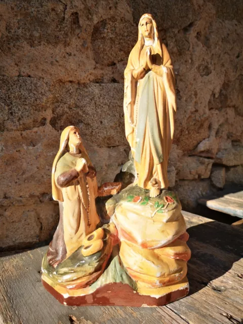 Belle Statue Religieuse Vierge Et Bernadette Apparition Lourdes Platre Signee