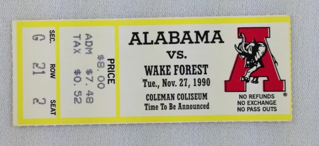 1990 11/27 Wake Forest at Alabama Basketball Ticket Stub