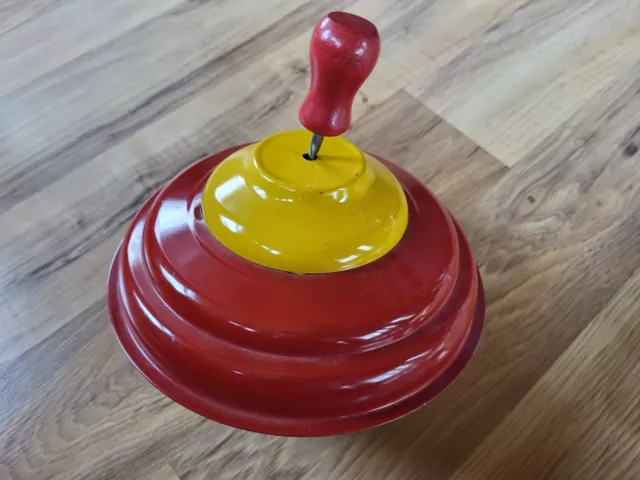 Vintage Metal Red & Yellow Wood Handle Spinning Top