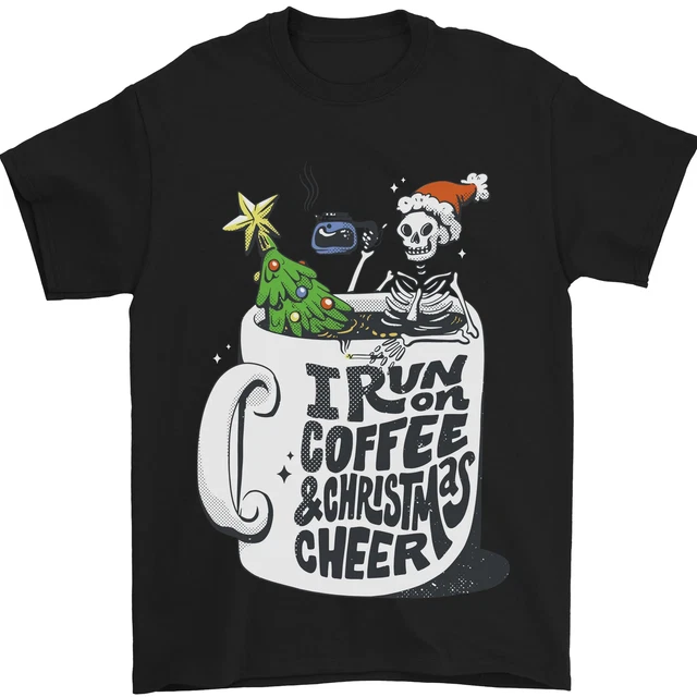 I Run On Caffè E Natale Cheer Teschio Uomo T-Shirt 100% di Cotone