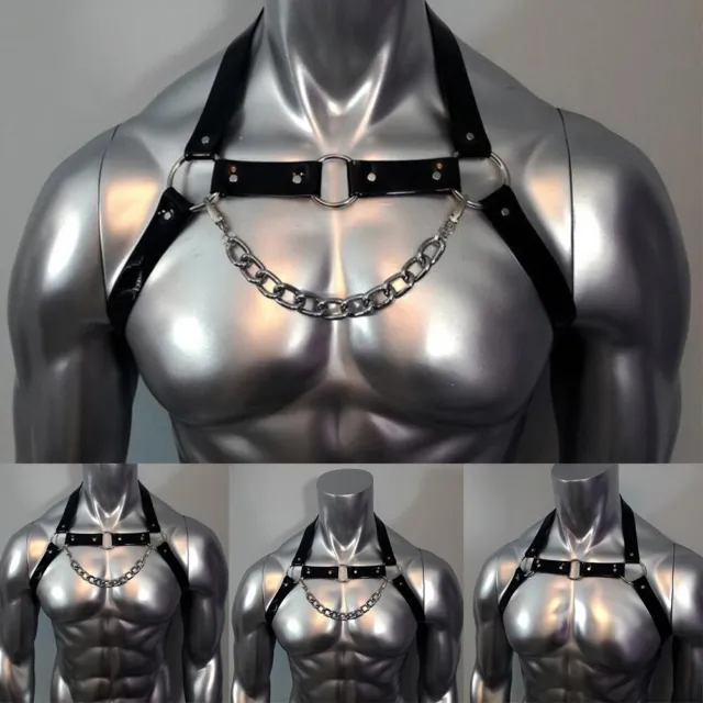 Male Clubwear Mens Bondage Chest Body Harness Gothic PU Leather Sleeveless