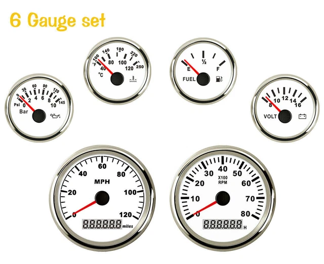 6 GAUGE SET with Senders 120MPH Speedo Tacho Fuel Temp Volts Oil White