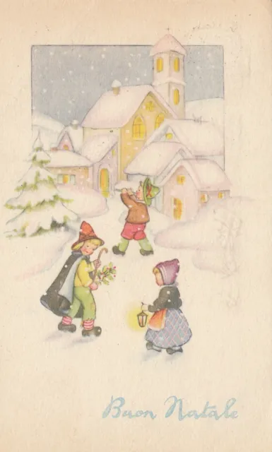 Cartolina *2 Auguri-Feste Buon Natale Bambini Magia Natalizia Viaggiata 1955