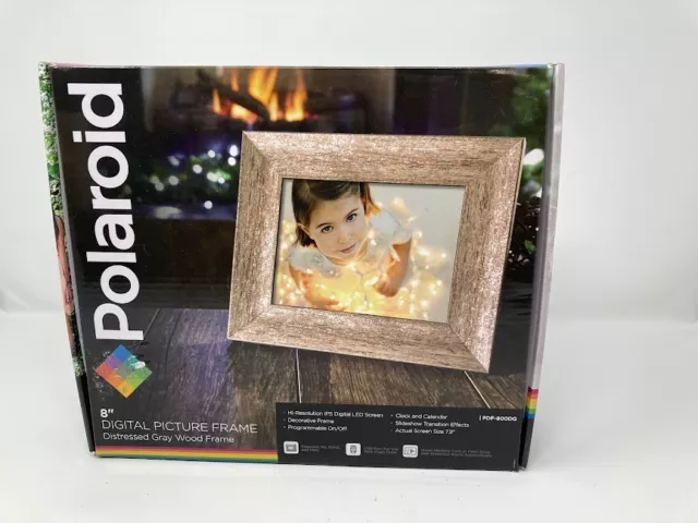 Polaroid Digital Picture Frame Wood Distressed Gray Photo Memories 8" NEW Open