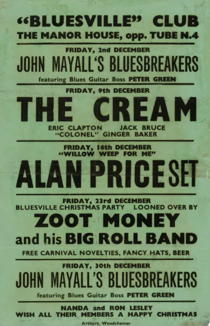 CREAM / ERIC CLAPTON Concert Poster - Bluesville Club, London 1966 - Reprint