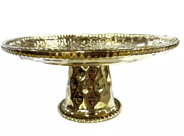 Gold Cake Stand on a Cylinder Pedestal w/Hammered Finish & Gold Bead Around Rim 2