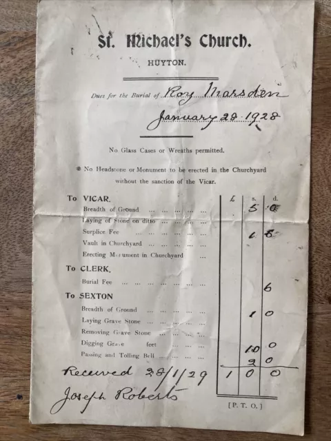 Vintage 1928 Burial Ground Receipt Invoice St Michaels Church Huyton Liverpool