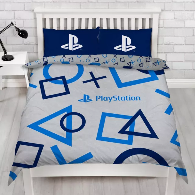 PLAYSTATION Double Literie Set Bleu Logo Boutons Joueur Face Housse de Couette