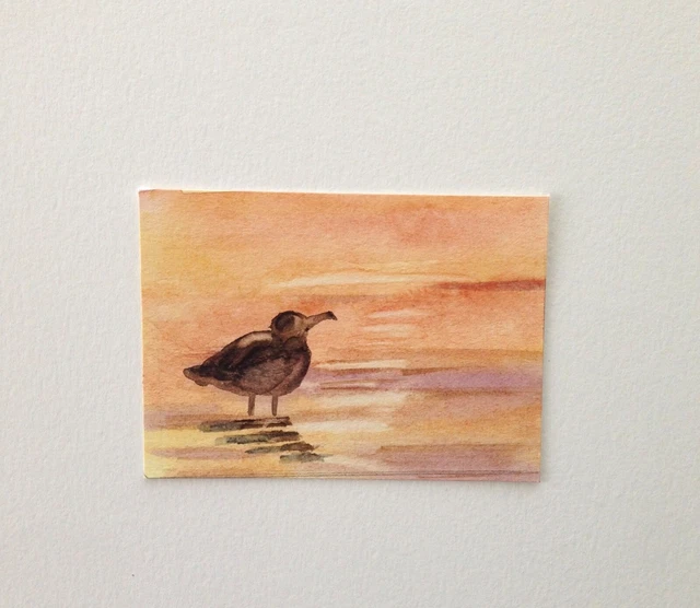 Aceo Original Painting Watercolor abstract seagull at sunset birds art card