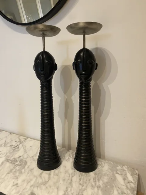 Pair Of Candle Holders Candle Sticks Tribal Styling Wooden Silver Carved Wood