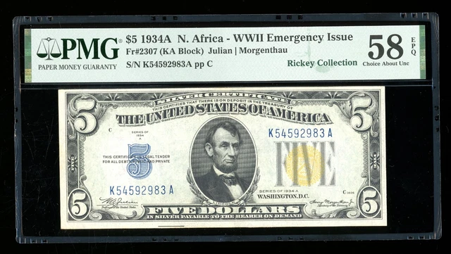 DBR 1934-A $5 Silver North Africa Fr. 2307 PMG 58 EPQ Serial K54592983A