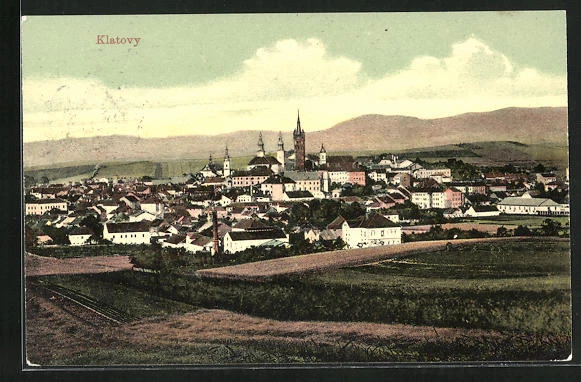 AK Klatovy, Blick vom Feld auf die Stadt 1908