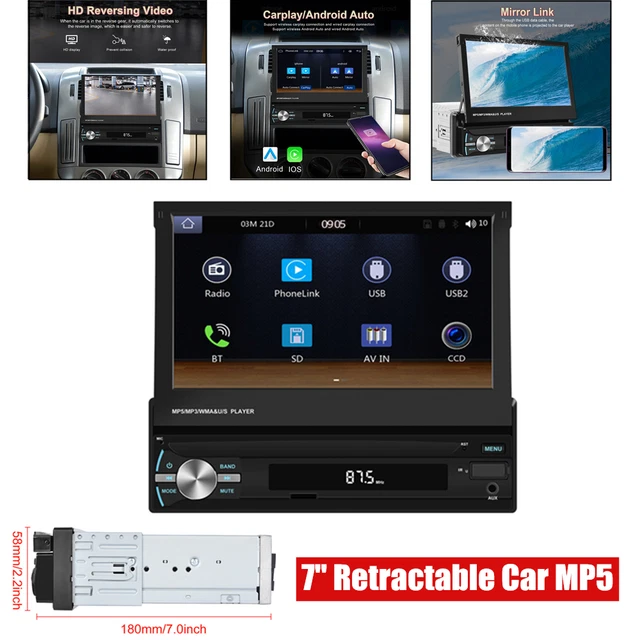 7" 1Din Carplay Car MP5 Player Retractable FM Radio Stereo Mirror Link Reversing