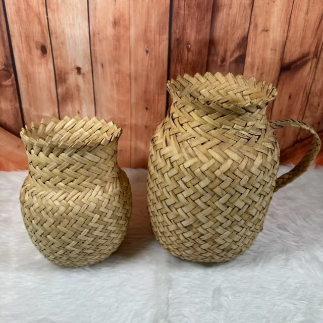 Vintage Set of Two Hand Woven Tarahumara Vase Pitcher Baskets 10” & 8”