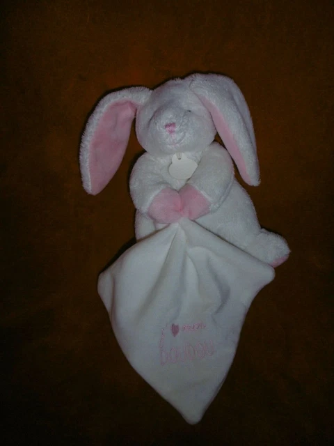 Doudou et Compagnie Lapin Blanc Rose Mouchoir Blanc Brodé J'Aime Mon DOUDOU
