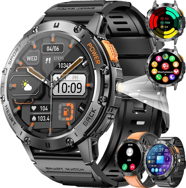 Orologio GPS ESFOE Per Uomo, Modello Militare Con Torcia LED, Display AMOLED 1,43", Fitness Tracker Con Bussola, Barometro, 170+ Sport, Frequenza Cardiaca, SpO2, Sonno E Chiamate Bluetooth Per Android