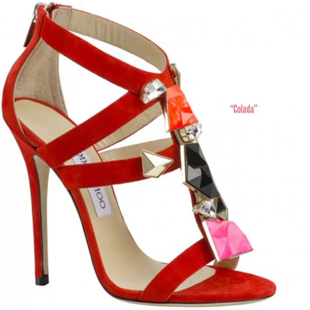 $1500 Jimmy Choo Colada Pumps Flame Red Suede Heel Embellished Sandals Shoe 37 3