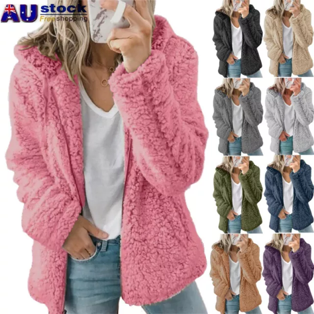 Women Warm Teddy Bear Fluffy Coat Ladies Fleece Zip Jacket Outwear Plus Size AU