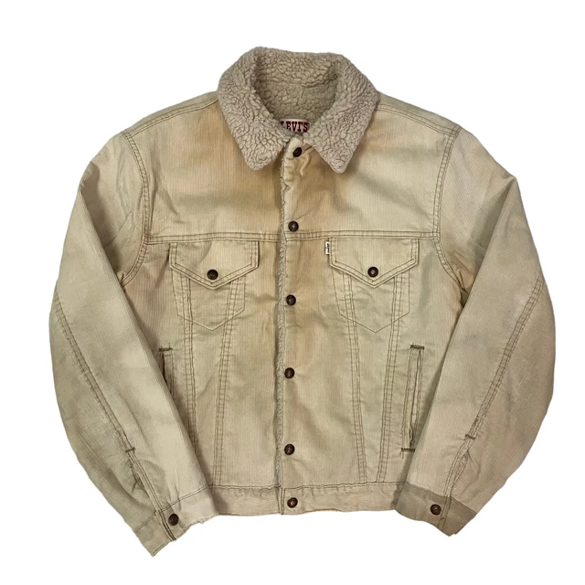 VINTAGE LEVI S CORDUROY Trucker Jacket Sherpa Lined Cream Mens L