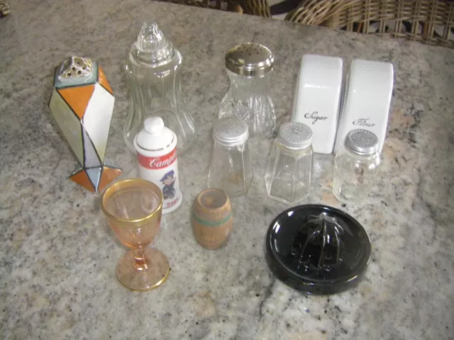 Box Lot Depression Glass Items - Sugar - Flour -Salt/Pepper Shakers, Spice Jars+